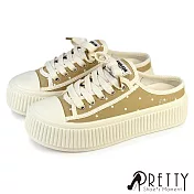 【Pretty】女 穆勒鞋 包頭拖鞋 懶人拖鞋 半拖鞋 帆布 厚底 EU36 卡其色