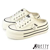 【Pretty】女 穆勒鞋 休閒拖鞋 懶人拖鞋 半拖鞋 帆布 毛邊 厚底 EU37 白色