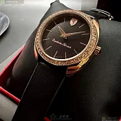 FERRARI法拉利精品錶,編號：FE00090,34mm圓形玫瑰金精鋼錶殼黑色錶盤真皮皮革深黑色錶帶
