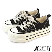 【Pretty】女 休閒鞋 帆布鞋 厚底 綁帶 韓版 EU36 黑色