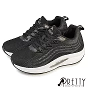 【Pretty】女 運動鞋 休閒鞋 健走鞋 氣墊鞋 輕量厚底 彈力 透氣網布 JP23 黑色