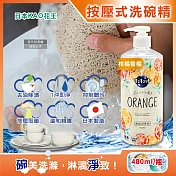 日本KAO花王-珂珂透CUCUTE按壓式去油除漬高效濃縮洗碗精480ml/大瓶(泡沫食器洗滌清潔劑,廚房餐具砧板海綿洗碗劑,食器去汙漬洗潔用品) 柑橘香橘