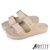 【Pretty】女 拖鞋 防水拖鞋 平底拖鞋 二字 皮帶釦 一體成型 輕量 台灣製 EU36 米色