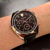 FERRARI法拉利精品錶,編號：FE00095,42mm圓形玫瑰金精鋼錶殼黑色錶盤真皮皮革深黑色錶帶