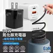 WELLY 36W氮化鎵GaN 迷你雙孔充電器+Type-C to Type-C 磁吸秒收充電線(100cm) 黑色+線
