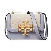 Tory burch 復古拼接皮革翻蓋斜背包-卡其滾藍邊