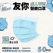 友你 成人平面口罩4盒組 藍