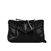 YSL Puffer Toy 銀字縫線小羊皮迷你翻蓋鍊包 (黑色)
