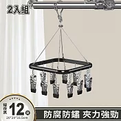 【APEX】鋁合金晾曬夾12夾_2入組 (晾衣夾 晾衣架 曬襪架 內衣夾 衣架 吊襪架 毛巾架 襪夾 襪架)   耀夜黑