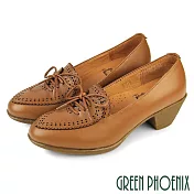 【GREEN PHOENIX】女 包鞋 跟鞋 牛津鞋 粗跟 雷射雕花 綁帶 全真皮 台灣製 EU35 棕色