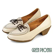 【GREEN PHOENIX】女 包鞋 跟鞋 牛津鞋 粗跟 雷射雕花 綁帶 全真皮 台灣製 EU36 米色