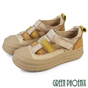 【GREEN PHOENIX】女 休閒鞋 魚骨編織 沾黏式 復古 仿舊 真皮 厚底 EU36 黃色