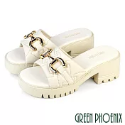 【GREEN PHOENIX】女 拖鞋 高跟拖鞋 厚底拖鞋 粗跟 真皮 羊皮 馬銜釦 輕量 EU36 米色
