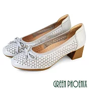 【GREEN PHOENIX】女 跟鞋 包鞋 粗跟 全真皮 羊皮 簍空 芭蕾 蝴蝶結 OL 通勤 EU36 灰藍色
