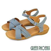 【GREEN PHOENIX】女 涼鞋 楔型涼鞋 小坡跟 交叉 全真皮 吸震 臺灣製 US6 藍色