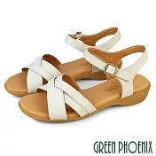 【GREEN PHOENIX】女 涼鞋 楔型涼鞋 小坡跟 交叉 全真皮 吸震 台灣製 US6 米色