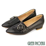 【GREEN PHOENIX】女 包鞋 跟鞋 尖頭鞋 粗跟 全真皮 牛皮 台灣製 US5.5 黑色