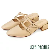 【GREEN PHOENIX】女 穆勒鞋 半拖鞋 包頭拖鞋 尖頭 瑪莉珍 全真皮 粗跟 牛皮 台灣製 US5 杏色