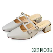 【GREEN PHOENIX】女 穆勒鞋 半拖鞋 包頭拖鞋 尖頭 瑪莉珍 全真皮 粗跟 牛皮 台灣製 US5 灰色