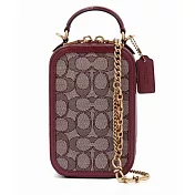 COACH 滿版LOGO拼接皮革手機鍊包 -酒紅