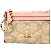 COACH 滿版LOGO拼接皮革卡片零錢包-米粉