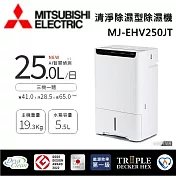 MITSUBISHI 三菱電機 MJ-EHV250JT-TW 可退貨物稅 25L一級能效 可退貨物稅 清淨除溼型除溼機