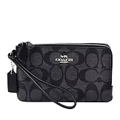 COACH 滿版LOGO皮革L型雙層手拿包 黑灰色
