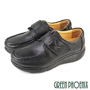 【GREEN PHOENIX】女 休閒鞋 皮鞋 學生鞋 工作鞋 全真皮 沾黏式 厚底 EU36 黑色