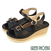 【GREEN PHOENIX】女 涼鞋 楔型涼鞋 厚底涼鞋 全真皮 牛皮 輕量 EU34 黑色
