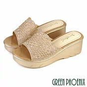 【GREEN PHOENIX】女 拖鞋 楔型 厚底 輕量 水鑽 透膚 鏤空 雕花 JP22.5 金色