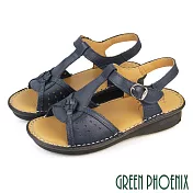 【GREEN PHOENIX】女 涼鞋 全真皮 牛皮 厚底 小坡跟 吸震減壓 台灣製 EU36 藍色