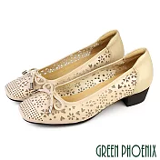【GREEN PHOENIX】女 跟鞋 包鞋 粗跟 全真皮 牛皮 鏤空 蝴蝶結 EU37 杏色