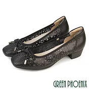 【GREEN PHOENIX】女 跟鞋 包鞋 粗跟 全真皮 牛皮 鏤空 蝴蝶結 EU35 黑色