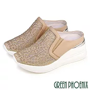 【GREEN PHOENIX】女 穆勒鞋 懶人拖鞋 休閒拖鞋 楔型 厚底 輕量 水鑽 透膚 鏤空 雕花 紗網 EU35 粉紅色
