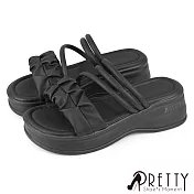 【Pretty】女 拖鞋 厚底 鬆糕 一字 抓皺 吸震 EU36 黑色