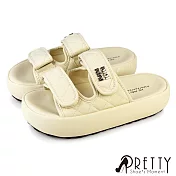 【Pretty】女 拖鞋 厚底 鬆糕 二字帶 沾黏式 菱格紋 EU36 米色