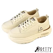 【Pretty】女 休閒鞋 顯瘦 厚底 奶油頭 綁帶 JP23 米色