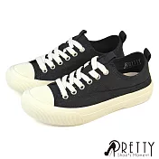 【Pretty】女 帆布鞋 休閒鞋 平底 奶油頭 無印風 EU36 黑色