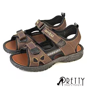 【Pretty】男 涼鞋 厚底涼鞋 休閒涼鞋 寬楦 二字 皮革 台灣製 EU38 咖啡色