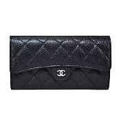 CHANEL 經典銀色雙C LOGO菱格粒紋牛皮暗釦長夾 (黑色)