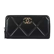 CHANEL 19 系列金屬LOGO菱紋小羊皮拉鍊長夾(黑色)