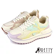 【Pretty】女 休閒鞋 厚底鞋 拼接 綁帶 復古運動風 JP23 紫色
