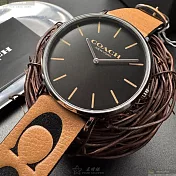 COACH蔻馳精品錶,編號：CH00241,42mm圓形銀精鋼錶殼黑色錶盤真皮皮革咖啡色錶帶