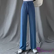 【Decoy】優雅垂墜*冰絲闊腿彈性寬高腰直筒長褲/ 藍色