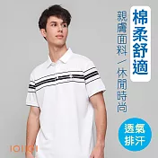 IOIIOI歐洲貴族 短袖POLO衫 條紋款 透氣排汗 高彈力 經典刺繡 25565310 M 白色