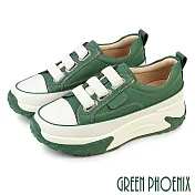 【GREEN PHOENIX】女 休閒鞋 懶人鞋 真皮 顯瘦 經典 輕量 厚底 鬆糕 免綁鞋帶 JP22.5 綠色