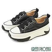 【GREEN PHOENIX】女 休閒鞋 懶人鞋 真皮 顯瘦 經典 輕量 厚底 鬆糕 免綁鞋帶 JP22.5 黑色