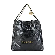 CHANEL 22系列 菱格紋縫線亮面小牛皮金扣肩背包(黑色)