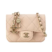 CHANEL 雙C LOGO菱格粒紋小牛皮金扣翻蓋鏈帶肩背/腰包(米色)