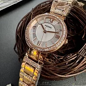 FOSSIL化石精品錶,編號：FS00132,36mm圓形金色精鋼錶殼白色錶盤精鋼金色錶帶